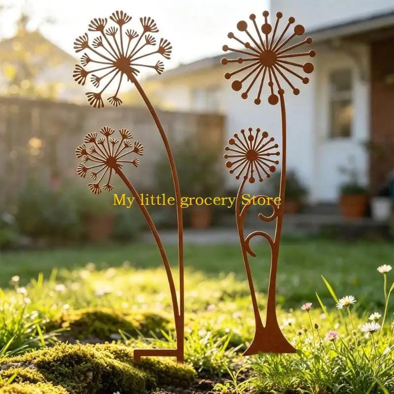 D5BD Pack Of 2 Iron Garden Stakes Rust Finish Dandelions Design For Outdoor Spring Decoration