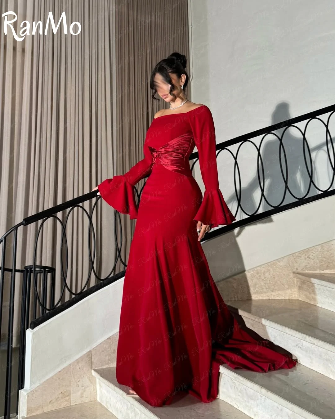 Ranmo Gaun Prom Arab Bahu Terbuka Putri Duyung Elegan Gaun Pesta Malam Satin Lengan Panjang Gaun Acara Khusus Disesuaikan