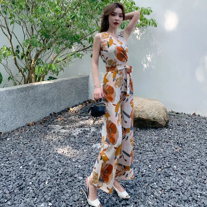 

Новинка Весна-Лето 2026: Элегантный женский комбинезон в корейском стиле с принтом, завышенной талией, поясом и широкими штанинами