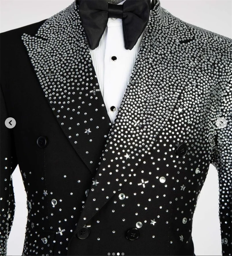 الفاخرة الرجال الدعاوى مجموعة 2 قطعة السترة + بانت بلورات العريس الزفاف سهرة مزدوجة الصدر مخصصة مكتب رسمي سترة بنطلون #4