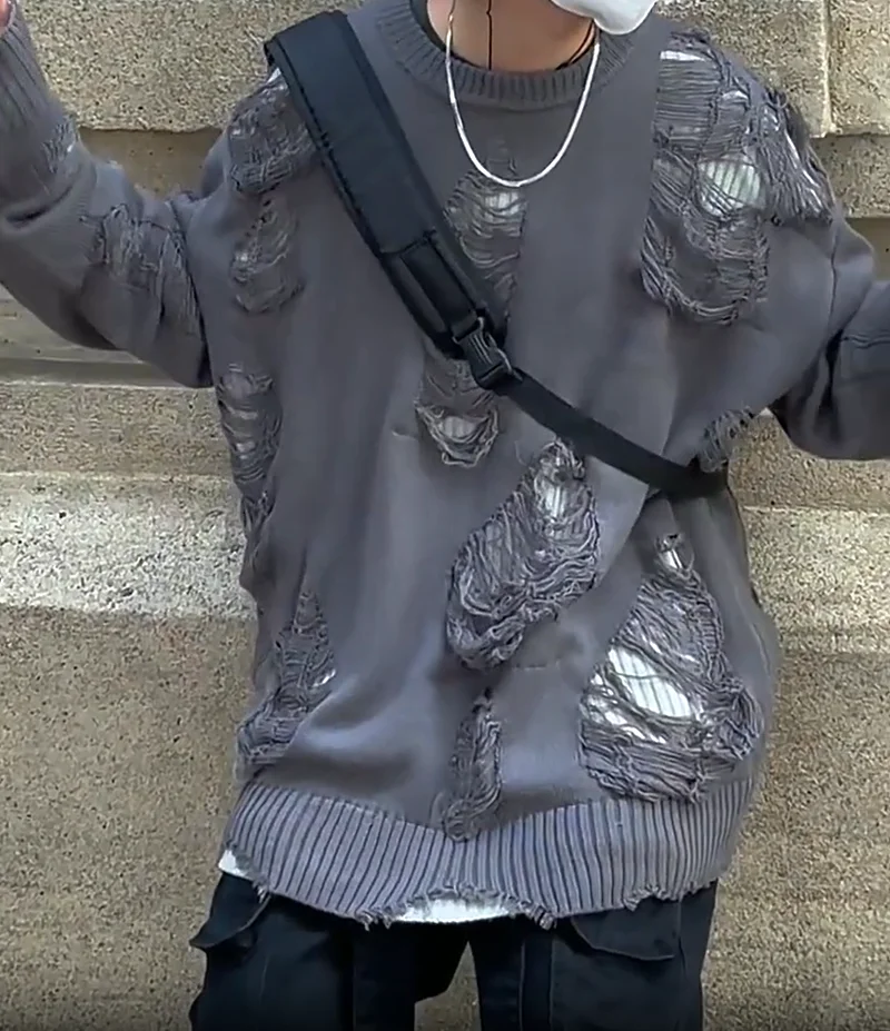 

Y2K ретро американский рваный свитер с кисточками для мужчин и женщин весенне-осенний модный брендовый поддельный свитер из двух частей с длинными рукавами