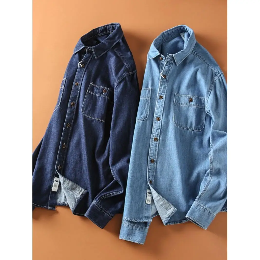 

Мужская повседневная джинсовая рубашка в стиле ретро, новая весенняя модель, свободный крой, рабочая одежда, классический дизайн, полиэстер