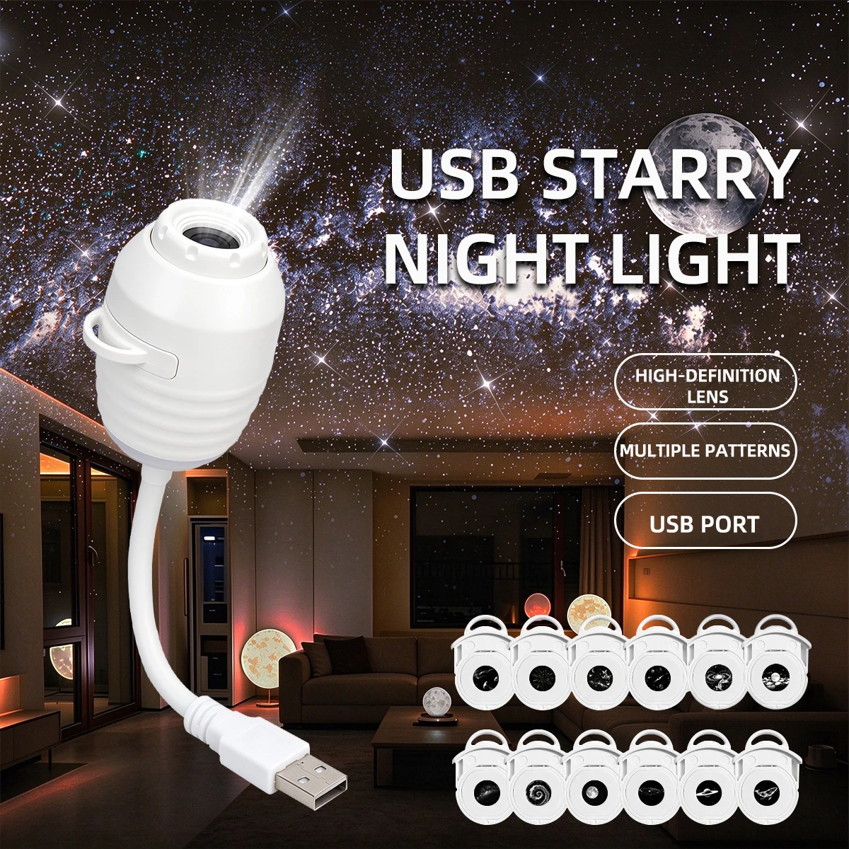 3/6/12 Patterns Car Interior USB Atmosphere Light Projector Ceiling Starry Sky Lamp Car Bedroom Night Light Universal