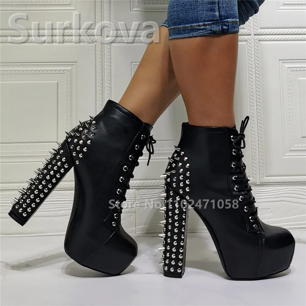 

Black Punk Style Rivet Decor Boots for Women Chunky Platform Square Heel Lace-up Motorcycle Boots Ladies Hight Heels Shoes