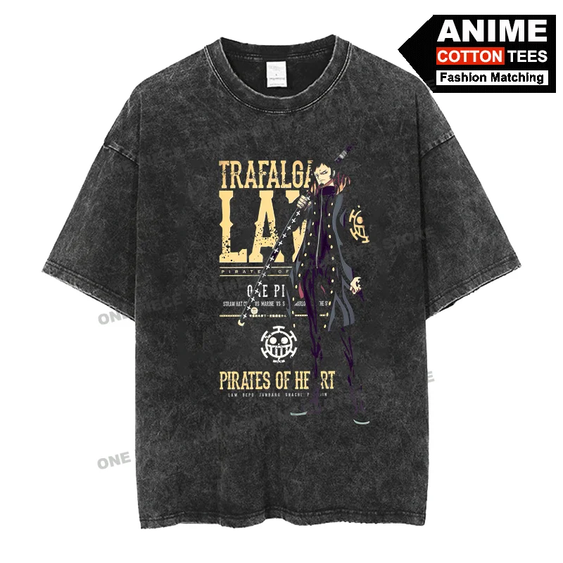 

Anime Peripheral Clothing ONE PIECE - Law Print T Shirt y2k Street styl Men Women Short Sleeve Retro Cotton Washed Loose Tees