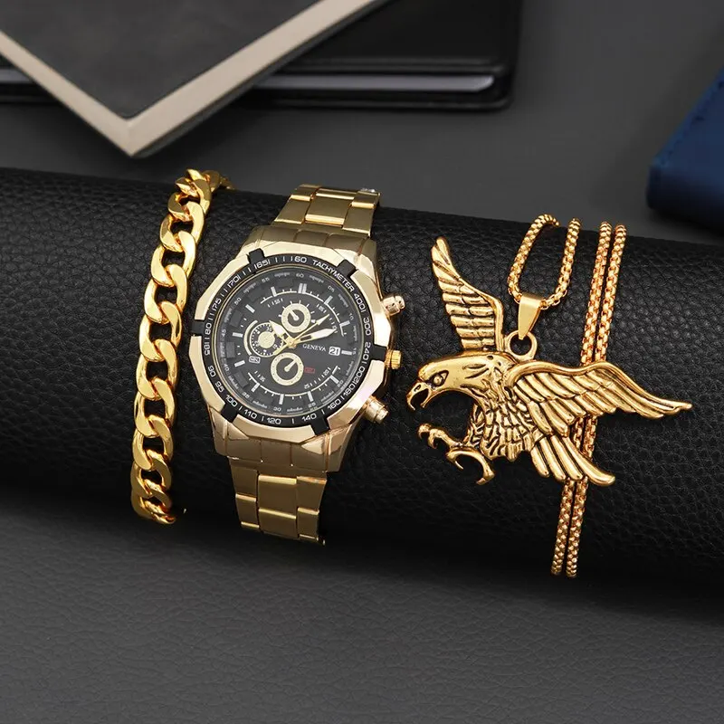 3PCS Set Luxury Fashion Mens Watches Men Business Quartz Watch Male Casual Necklace Bracelet Wristwatch