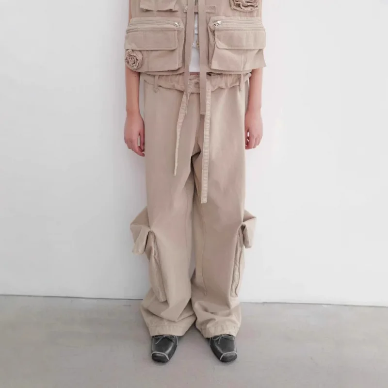 OPEN YY work pant 2025 fashion spring and summer washed and old flap waist drawstring loose pocket work pants