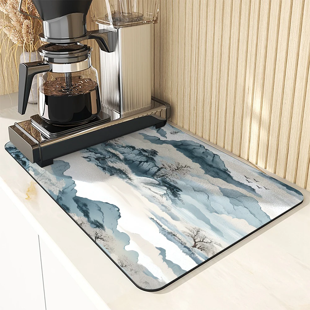 Coffee Tablewear Drain Pad Natural Scenery Bathroom Square Absorbing Anti-slip Dry Mat  Placemat Dishes Cup Splash Proof Drainer