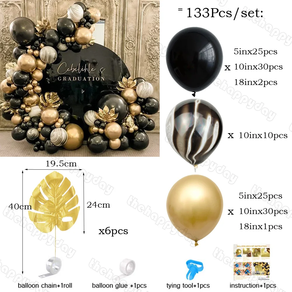 1set Black Gold Balloon Garland Arch Chrome Gold Balloons Kit ghirlanda Plam Leaves Xmas capodanno laurea 2024 decorazioni