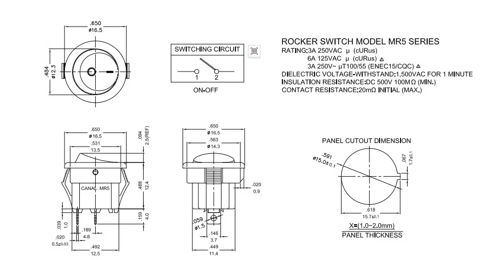 1~5pcs/lot  Two-footed two-position black circular boat-shaped toggle switch MR5-110-R5N-BBW with a mounting hole of 15MM