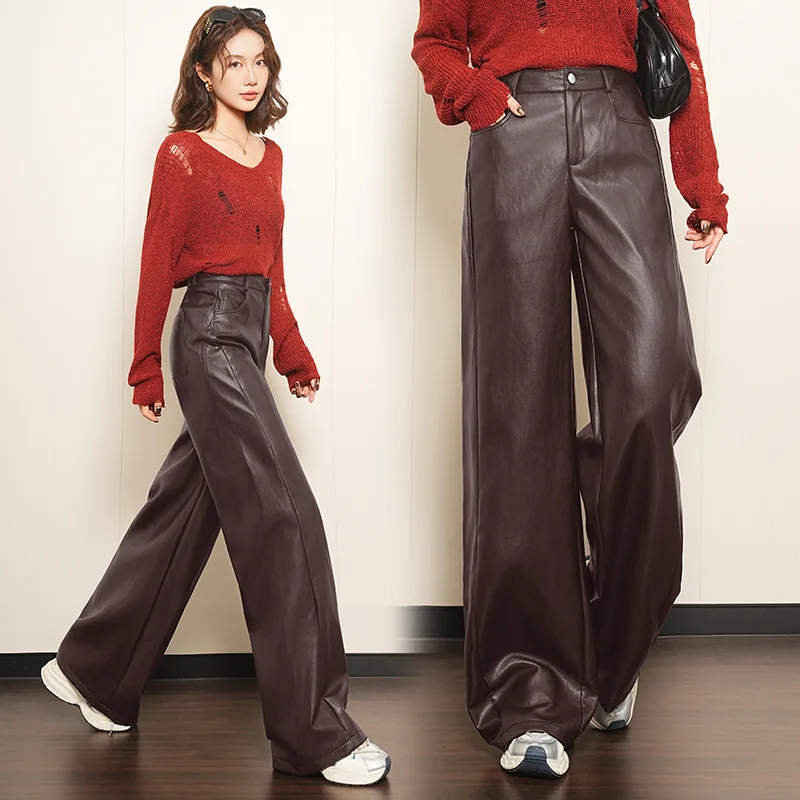 أزياء الاتجاه تنوعا عالية الخصر التخسيس بو السراويل الجلدية واسعة الساق للنساء، نمط جديد الخريف والشتاء، أنيقة الطابق لو #3