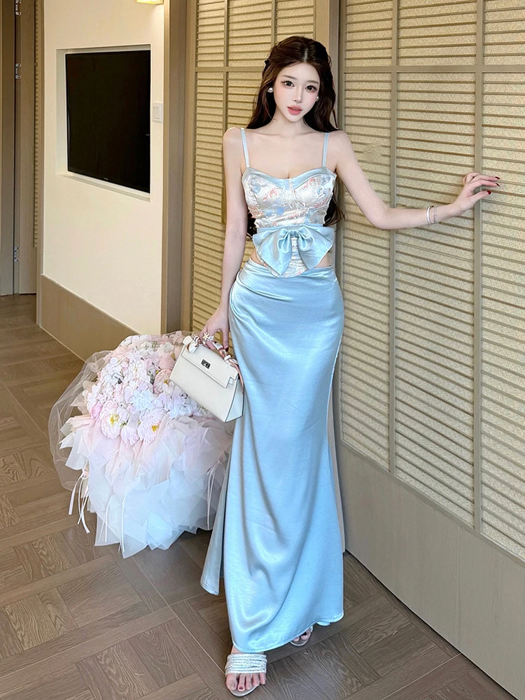 

Elegant Floral Print Satin Tank Top And High Waist Fish Tail Skirt Set Women's Summer Fashion Casual Wear Sleeveless Vest
