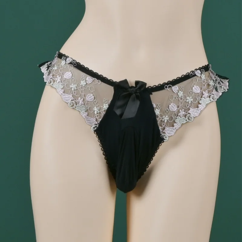 Mens Sexy Panties Lace Low Waist Thong Satin Pouch Underwear Silky Smooth Flower Embroidered See-Through Sissy Lingerie