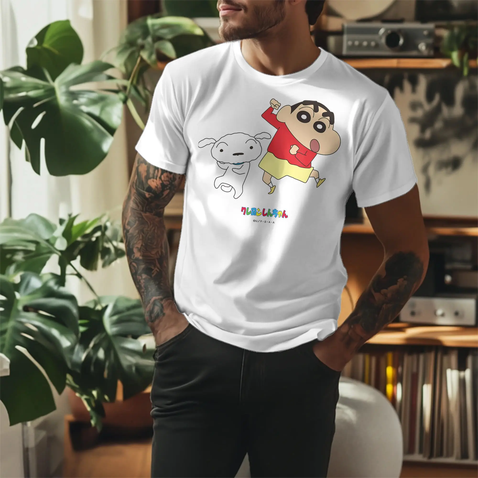 Novelty Crayon Shin chan Dances Shin chan and Shiro T-Shirt Men Cotton Short Sleeve  Crewneck Summer Tops