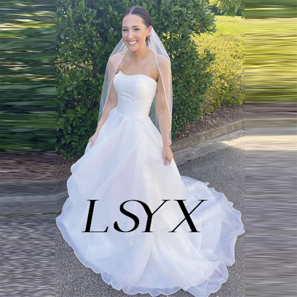 LSYX Sleeveless Strapless Tiered Organza A-Line Wedding Dress Elegant Ziper Back Floor Length Bridal Gown Custom Made