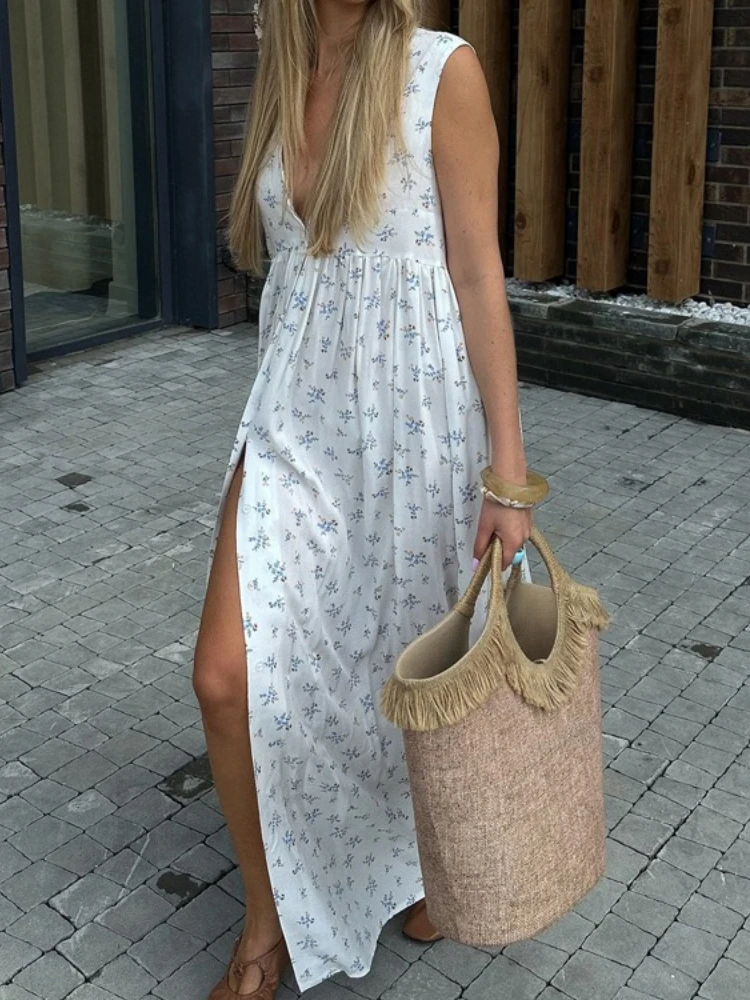 

Women Casual Single Breasted Floral Sundress 2026 Summer V-neck Sleeveless High Waist Loose Long Dress White Vacation Streetwear