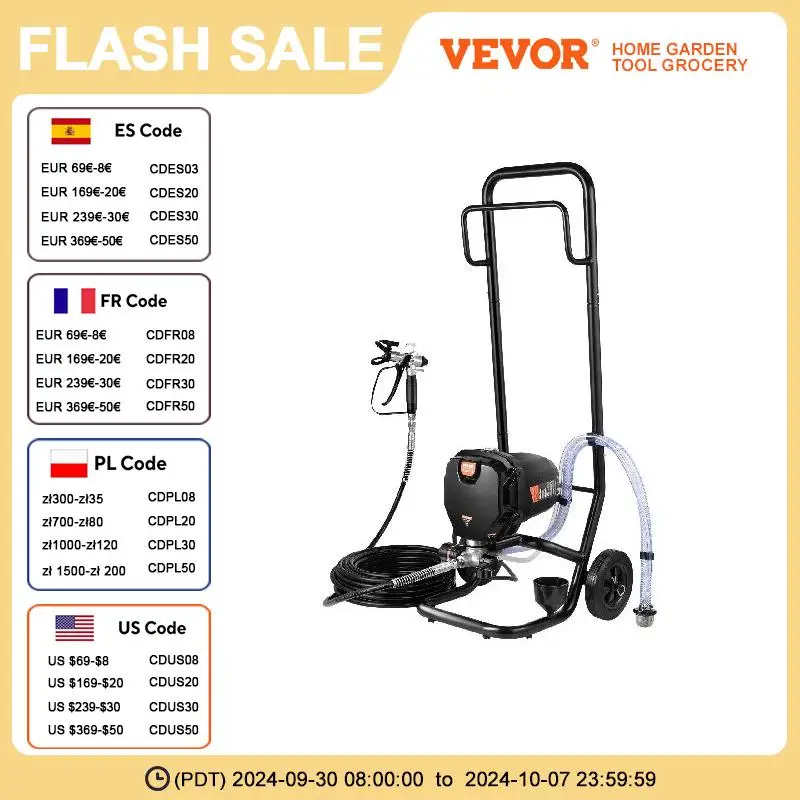 VEVOR 750W Stand Airless Paint Sprayer 3000PSI Electric Airless Sprayer With Cart Fine Paint Sprayers for Furniture and Fences