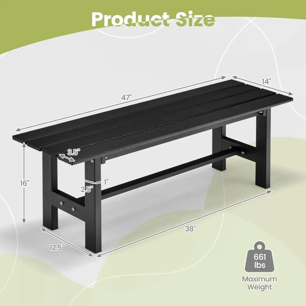 47” Outdoor Garden Bench, 2-Person Patio Park Bench with HDPE Slatted Seat & Metal Frame, 660 LBS Capacity, Rectangular Outdoor