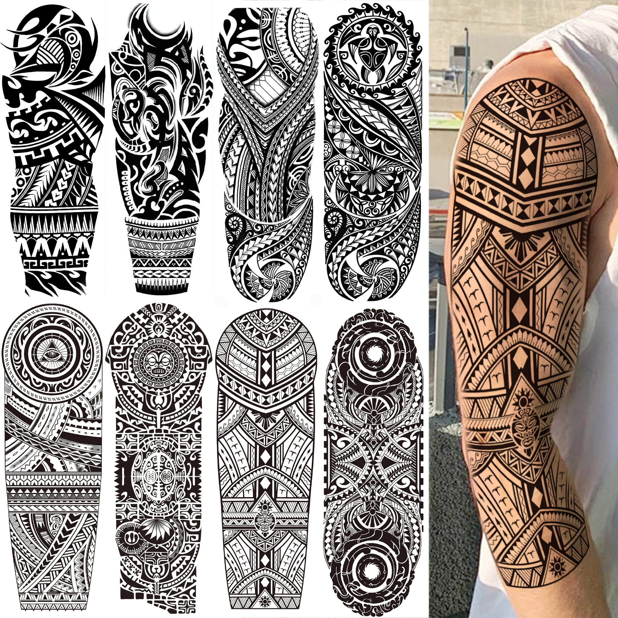 1 Sheet Full Sleeve India Maori Temporary Tattoos For Men Adults Women Tribal Totem Temp Tattoo Black Fake Arm Water Transfer