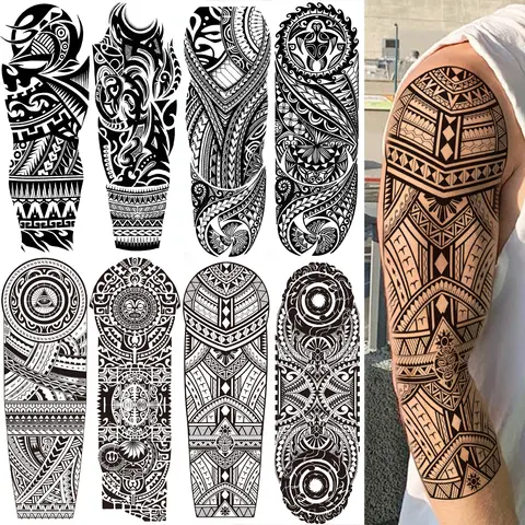1 vel volledige mouw India Maori tijdelijke tatoeages voor mannen volwassenen vrouwen Tribal Totem Temp Tattoo zwarte nep arm wateroverdracht