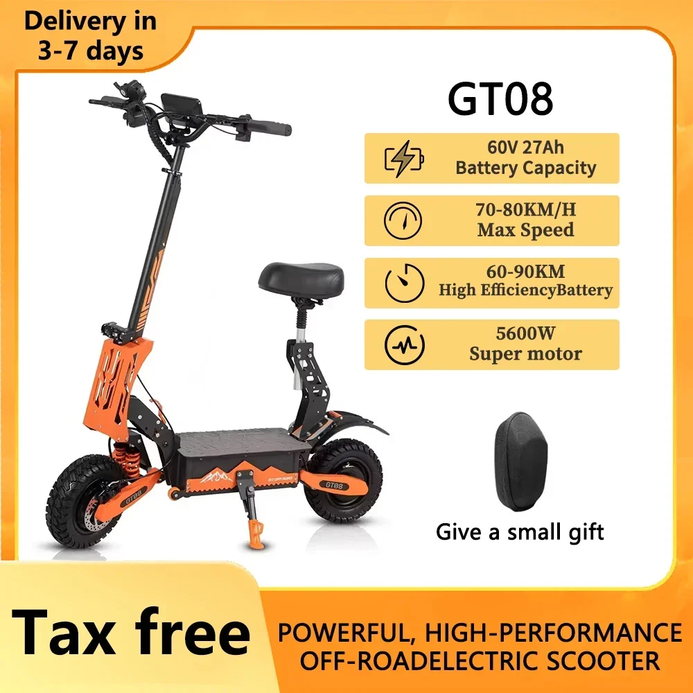 

Электрический самокат GT08 для взрослых, двигатель 5600 Вт, 60 В, 27 Ач, электронный самокат, 11-дюймовые вакуумные внедорожные шины, внедорожный самокат