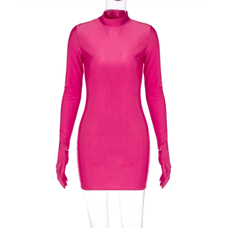 Lange Mouw Hoge Hals Neon Roze Mini Jurk Voor Vrouwen Bodycon Sexy Streetwear Party Club Outfits Slanke Korte Jurk Zomer Outfits