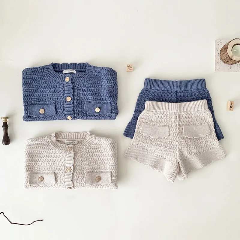 Baby Girl Knitted Cardigan Set Fall Winter Outfit Toddler Two Piece Clothes Round Neck Sweater and Shorts Chic Style Knitwear