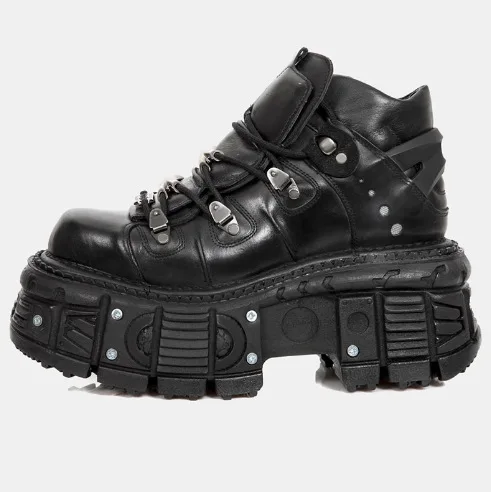 Retro Spanish Tank-soled Metal High-top Shoes, Cowhide Thick-soled Small Leather Shoes, Dark Punk Sponge Soles for Women