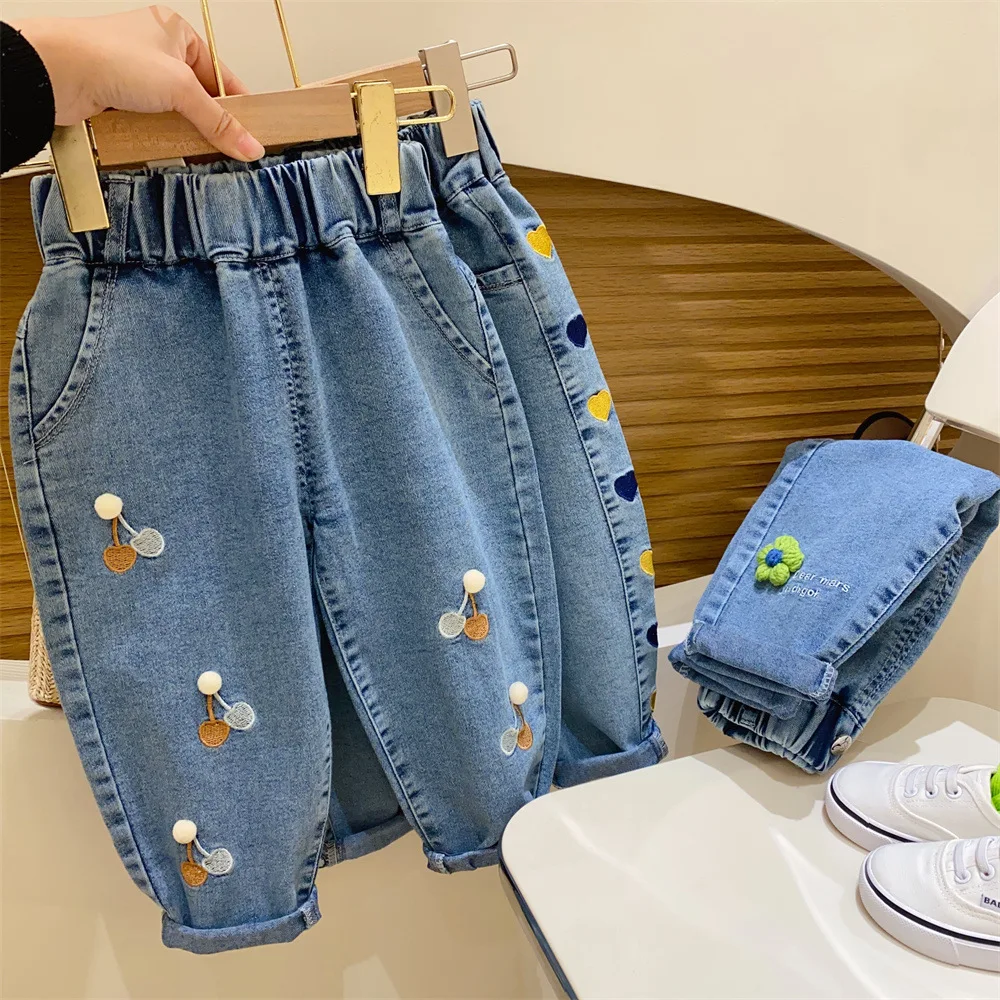 Baby Boy Kids Jeans Girl Pants Daduhey Wide Leg Pants Ambroidered Flower Girl Jeans Harem Trousers Clothes Bottoms