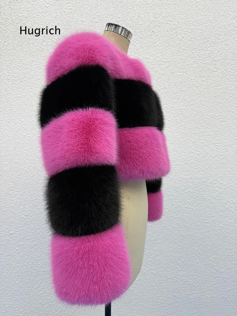 Women Color Block Faux Fur Jacket Cropped European Style Spliced Faux Fox Fur Outerwear For Autumn And Winter Fashion Matching