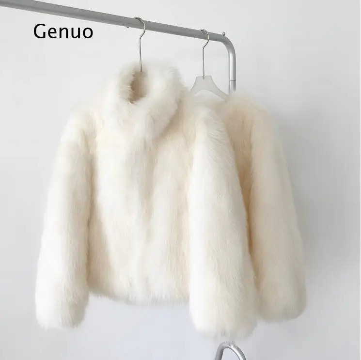 Women's Faux Fox Fur Short Coat Winter Warm Fluffy Jacket Slim Fit Outerwear for Autumn Daily Casual Streetwear Fashion