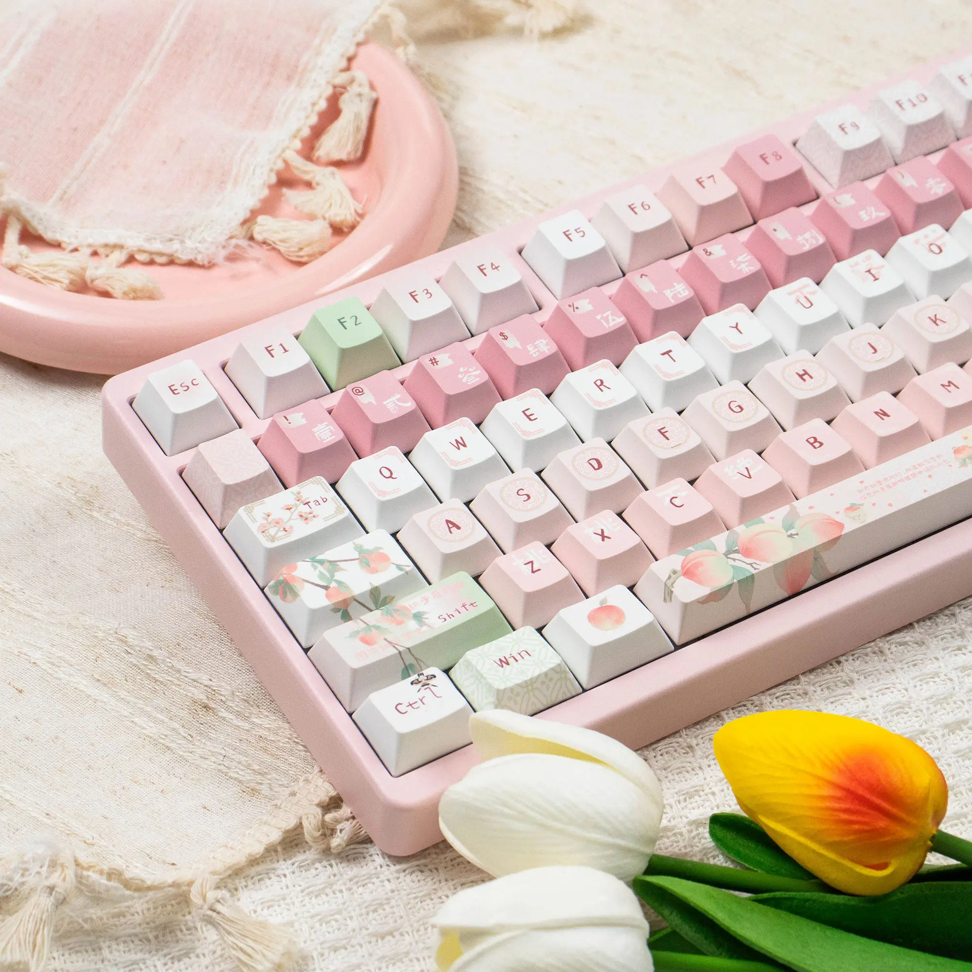 

MAIMOOO Peach Blessings Keycaps Pink Cherry Profile PBT Thermal Sublimation Custom Keycaps for MX Switch Mechanical Keyboard