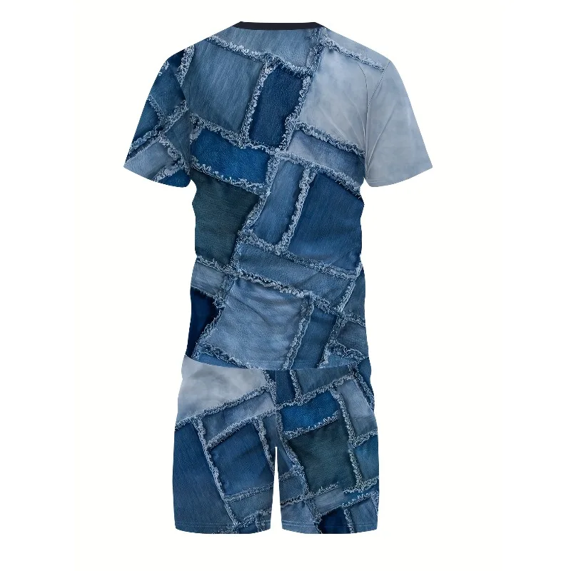 Summer 2025 3D Printed Polyester Fiber Round Neck Short Sleeved T-shirt and Shorts Set for Casual Sports and Outdoor Activities