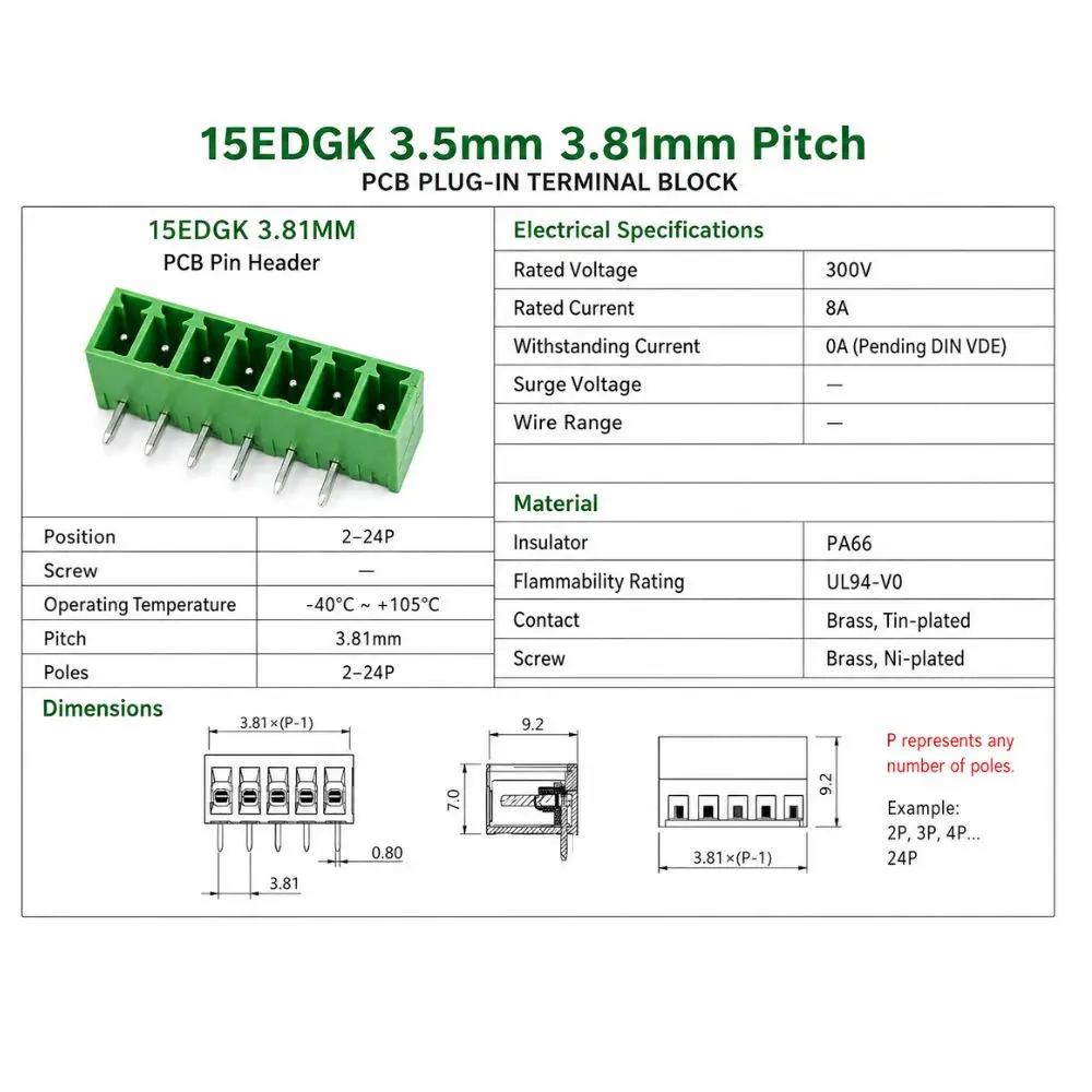 5Set 15edgk 3.81mm pitch pluggable terminal block 2edg 3.81