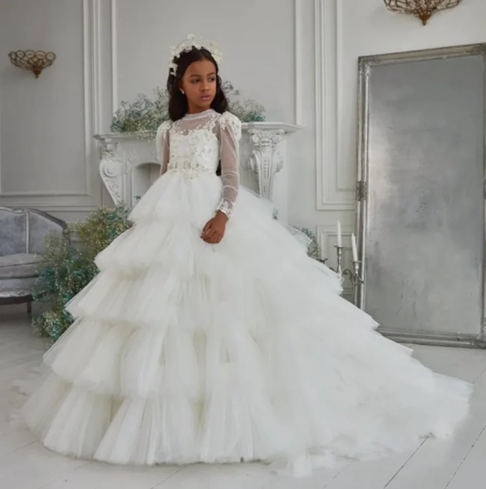 Flower Girl Dresses Lace Tulle Beading Appliqued Pageant For Girls First Communion Dresses Kids Prom Dresses