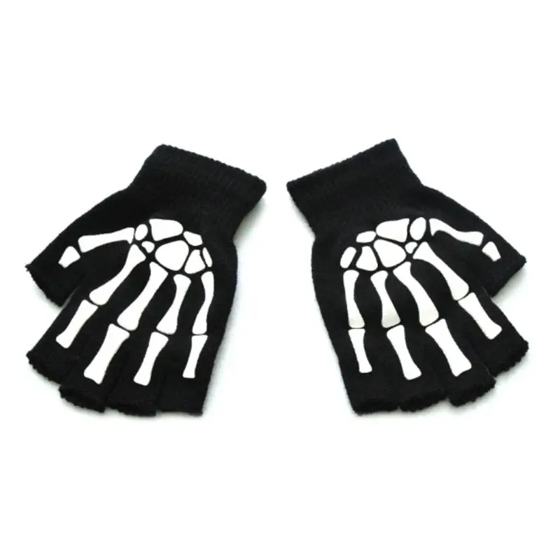 

Halloween Sports Cycling Knit Half Finger Gloves Luminous Glow in the Dark Skeleton Cosplay Stretchy Fingerless Mittens