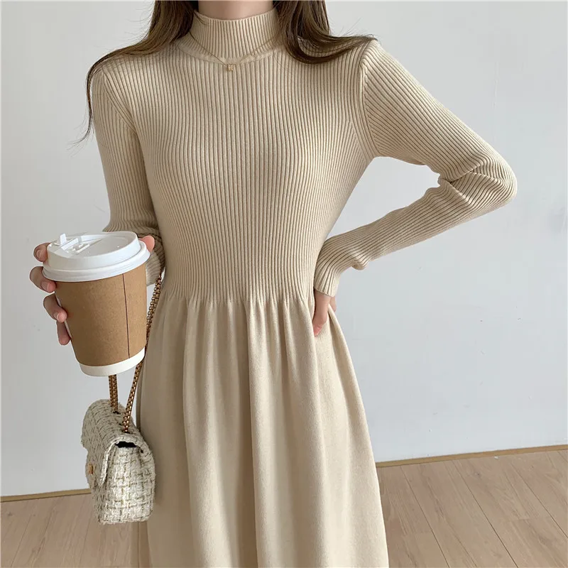 Knitted Sweater Dresses for Women Party Clothing Half Turtleneck Autumn Winter 2022 Midi Dress A-Line Vintage Casual Loose Warm