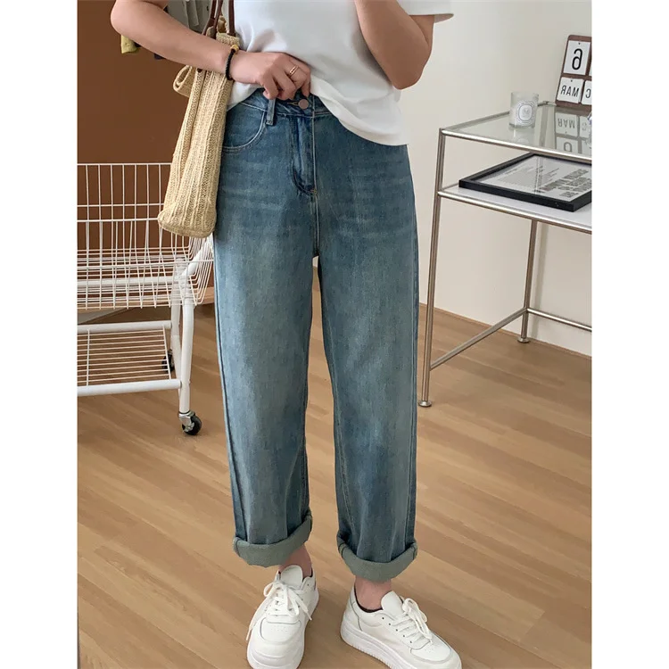 High Waist Straight Jeans For Women Spring Relaxed Slim Embroidered Wide Leg Pants