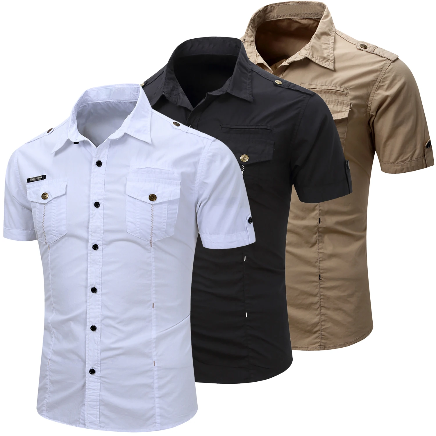 Neue Mode 2023 Herren Safari Shirt Kurzarm Sommer Casual Taktische 100 % Baumwolle Cargo Outdoor Tasche Arbeitshemden für Männer