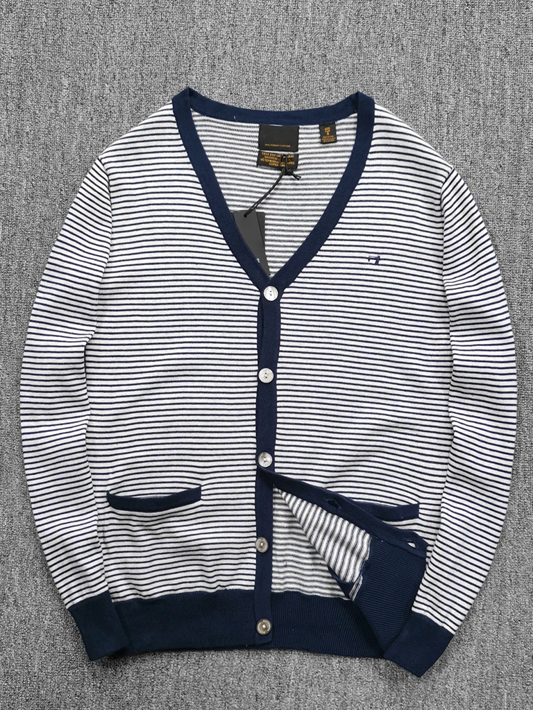 

00% хлопок, вязаный свитер с v-образным вырезом, мужской повседневный полосатый цветной тканый открытый кардиган, осенний модный городской базовый масс