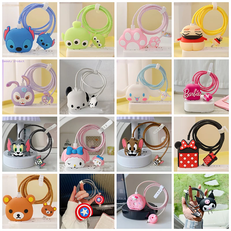 

4Pcs/Set Kawaii 3D Cartoon Data Cable Protector For iPhone / 15 14 13 12 18W/20W Charger Protective Cover Winder Accessories