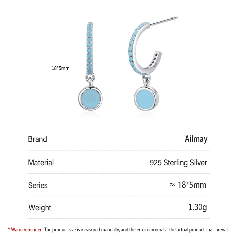 Ailmay 925 Sterling Silver Vintage Elegant Round Natural Turquoise Female Drop Earrings For Women Engagement Anniversary Jewelry