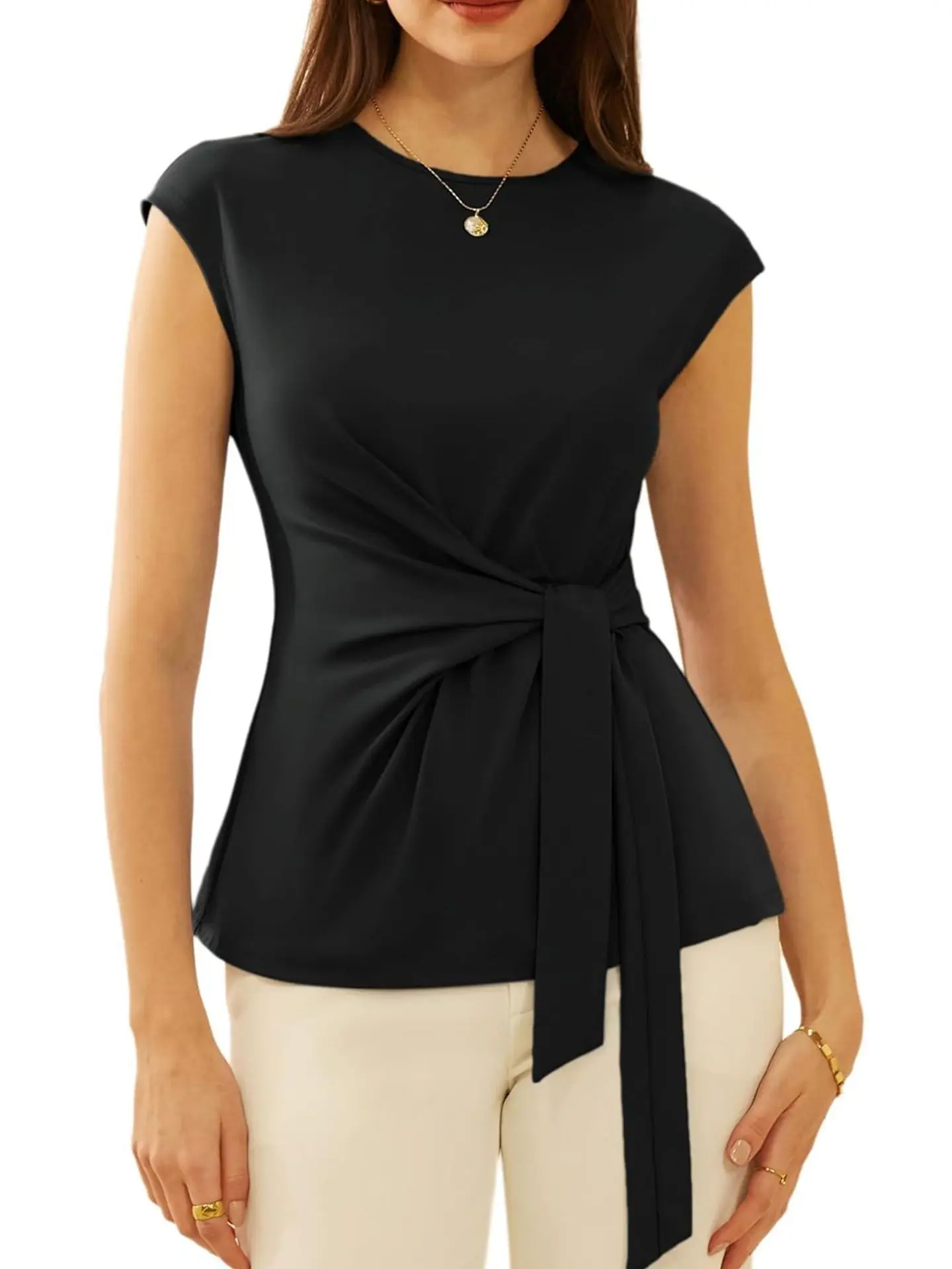 Bowtied roundne top nó ort sve fibra de poliéster solto ajuste feminino verão irt cor pura casual sle