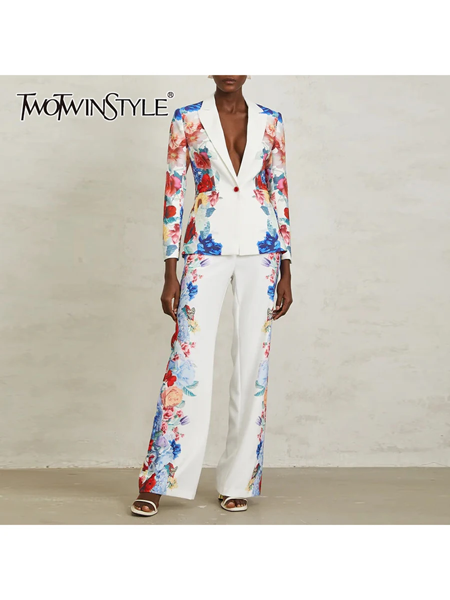 

TWOTWINSTYLE Элегантные комплекты из двух предметов с принтом для женщин, туника с длинными рукавами и лацканами, блейзер с высокой талией, широкие брюки, женский новый комплект