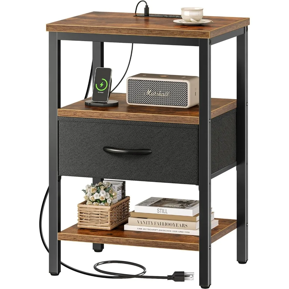 

Nightstand with Charging Station, Bed Side Table with Adjustable Fabric Drawer, Night Stand for Bedroom, 3-Tier Storag
