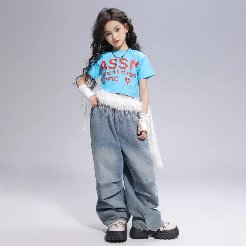 Hip hop meninas colheita topos denim calças de carga criança jazz corredores streetwear moletom crianças dança rua cheerleader conjuntos roupas