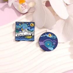 Night Sky Oil Painting Enamel Pins Custom Distorted Night Scene Brooches Lapel Badges Clothes Punk Jewelry Gift for Friends