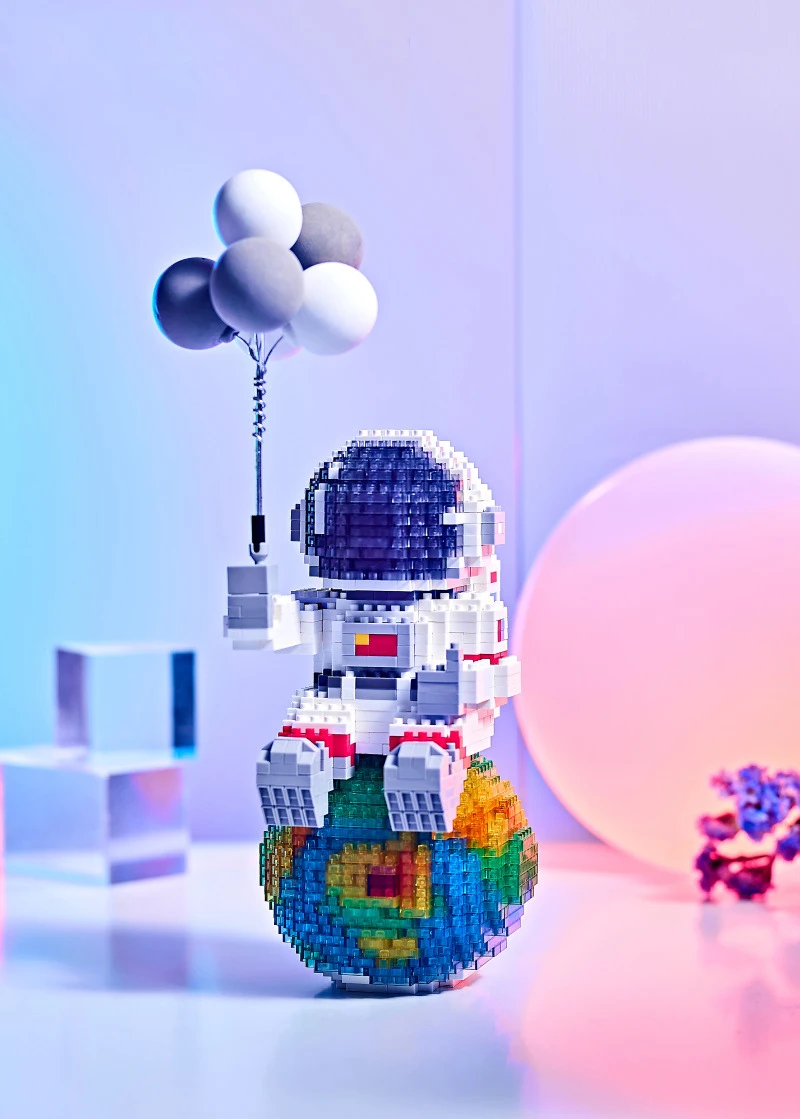 Esploración espacial Micro bloque de diamante astronauta con figura de globo construir ladrillo juguetes educativos colección luz Nanobrick