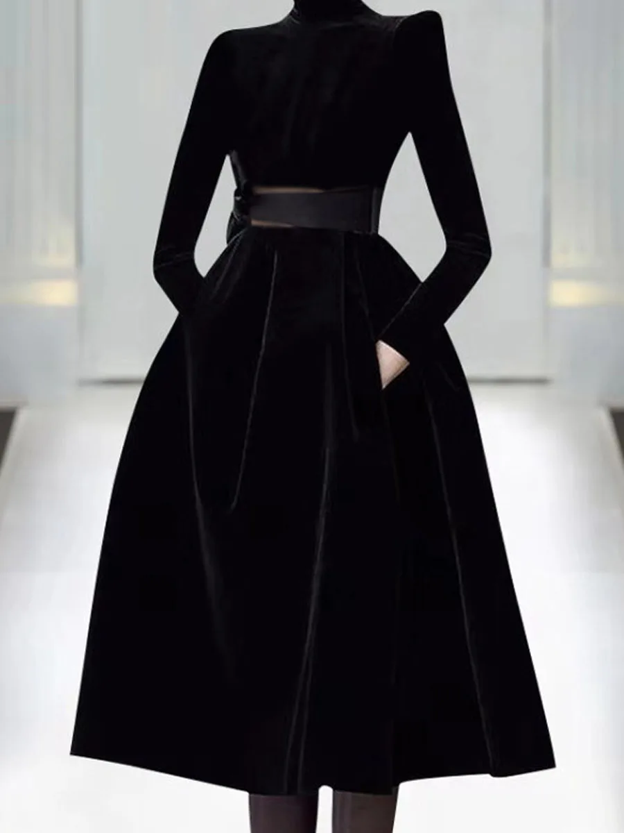 

Элегантное вечернее платье Hebe Style Little Black Dress из бархата с завышенной талией, стройнящее, с вырезом на талии, А-силуэт