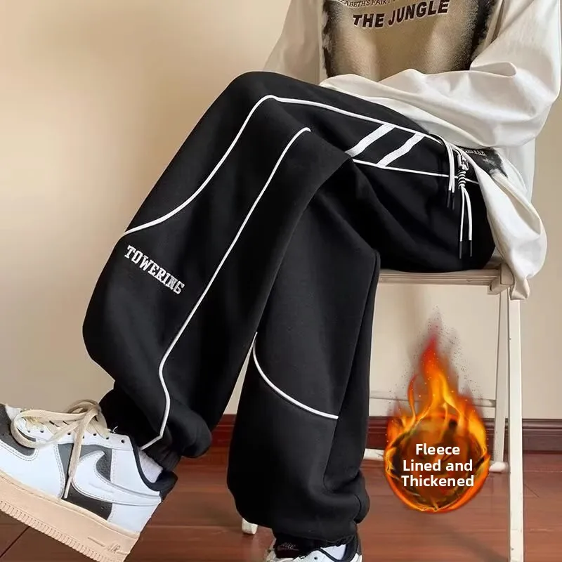 

Fce Lined Harajuku Sle Sports Pants for Men Casual Loose Fit Trousers with Embroidered Letters Long Winter Leisure Trousers